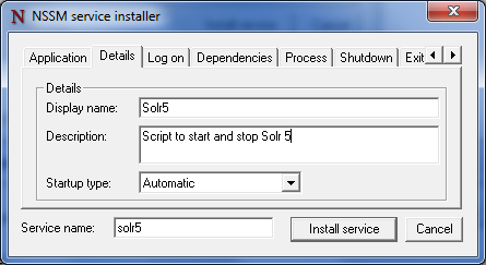 Details tab for NSSM service installer for setting up Solr 5 as a service on Microsoft Windows