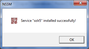 NSSM confirmation box saying "Solr5" installed successfully