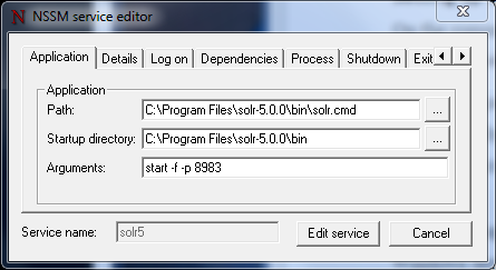 Application tab on NSSM Service Editor screen capture to show path to Solr start script